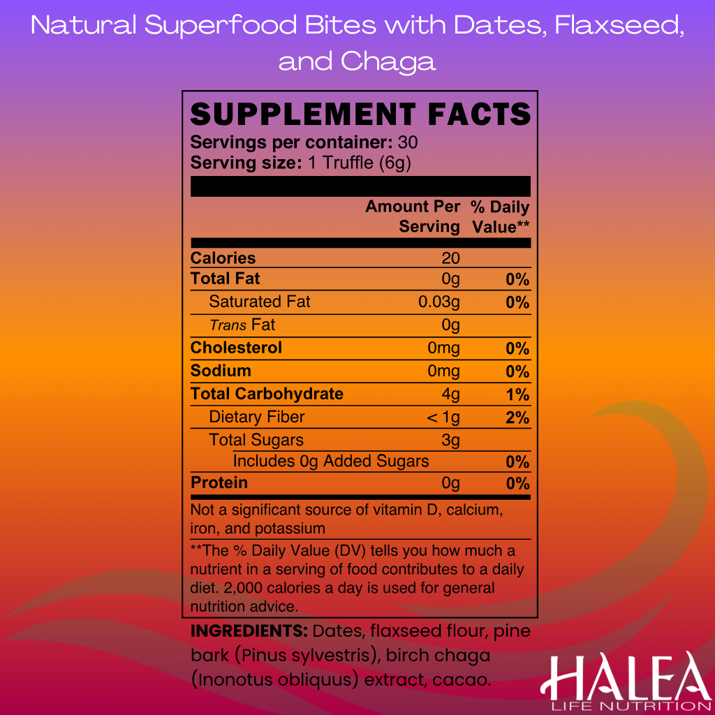 Halea Life Nutrition Natural Superfood Bites with Dates, Flaxseed, and Chaga